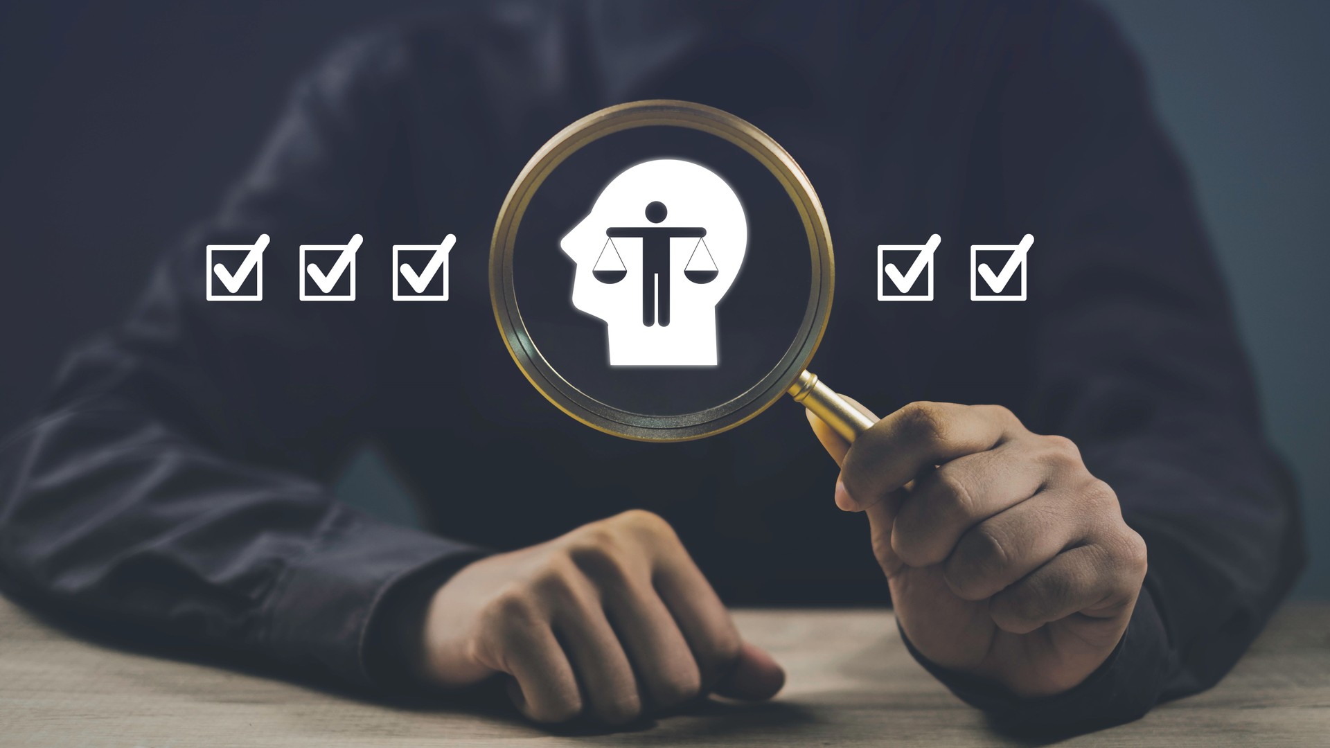 Business ethics concept. Professional business integrity law and moral for good governance policy. Hand holds magnifying glass with ETHICS symbols. Ethical invest, sustainable development.